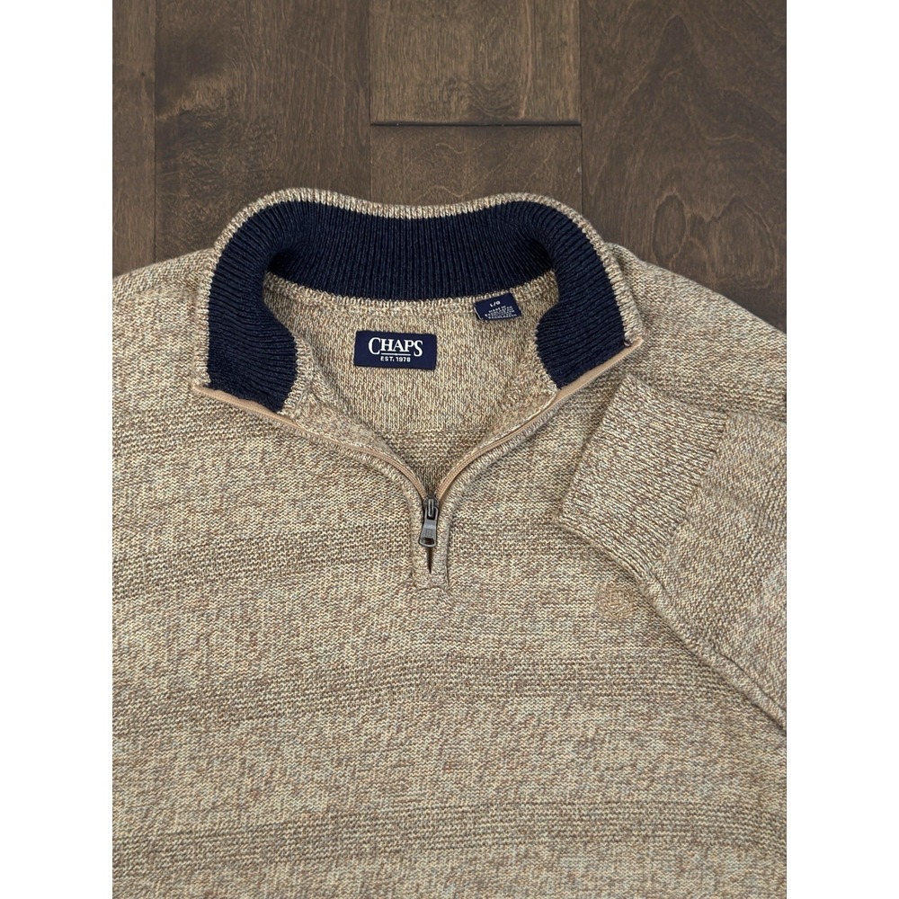 Chaps Mens Beige Sweater Cotton Stripe Quarter Zip Mock Neck Pullover Size Large